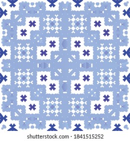 Portuguese vintage azulejo tiles. Vector seamless pattern frame. Minimal design. Blue antique background for pillows, print, wallpaper, web backdrop, towels, surface texture.