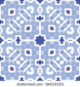 Portuguese vintage azulejo tiles. Vector seamless pattern frame. Minimal design. Blue antique background for pillows, print, wallpaper, web backdrop, towels, surface texture.