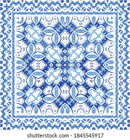Portuguese vintage azulejo tiles. Vector seamless pattern collage. Modern design. Blue antique background for pillows, print, wallpaper, web backdrop, towels, surface texture.