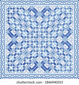 Portuguese vintage azulejo tiles. Vector seamless pattern collage. Modern design. Blue antique background for pillows, print, wallpaper, web backdrop, towels, surface texture.