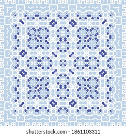 Portuguese vintage azulejo tiles. Vector seamless pattern frame. Minimal design. Blue antique background for pillows, print, wallpaper, web backdrop, towels, surface texture.