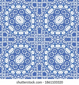 Portuguese vintage azulejo tiles. Vector seamless pattern flyer. Colored design. Blue antique background for pillows, print, wallpaper, web backdrop, towels, surface texture.