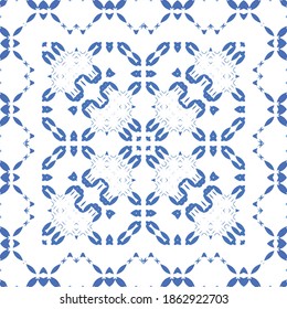 Portuguese vintage azulejo tiles. Vector seamless pattern frame. Minimal design. Blue antique background for pillows, print, wallpaper, web backdrop, towels, surface texture.