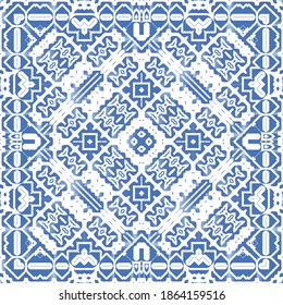 Portuguese vintage azulejo tiles. Vector seamless pattern collage. Modern design. Blue antique background for pillows, print, wallpaper, web backdrop, towels, surface texture.