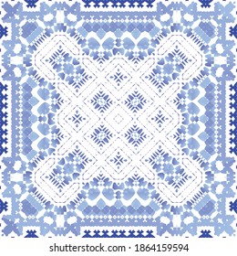 Portuguese vintage azulejo tiles. Vector seamless pattern frame. Minimal design. Blue antique background for pillows, print, wallpaper, web backdrop, towels, surface texture.