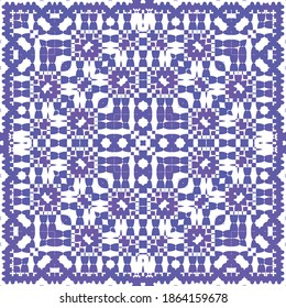 Portuguese vintage azulejo tiles. Vector seamless pattern frame. Minimal design. Blue antique background for pillows, print, wallpaper, web backdrop, towels, surface texture.
