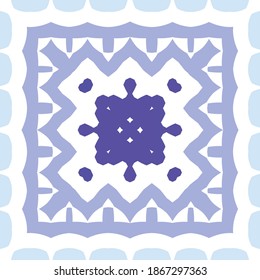 Portuguese vintage azulejo tiles. Vector seamless pattern frame. Minimal design. Blue antique background for pillows, print, wallpaper, web backdrop, towels, surface texture.