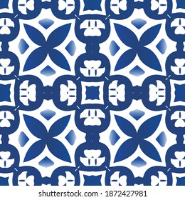 Portuguese vintage azulejo tiles. Vector seamless pattern elements. Bathroom design. Blue antique background for pillows, print, wallpaper, web backdrop, towels, surface texture.