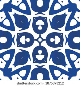 Portuguese vintage azulejo tiles. Vector seamless pattern collage. Geometric design. Blue antique background for pillows, print, wallpaper, web backdrop, towels, surface texture.