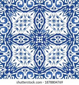 Portuguese vintage azulejo tiles. Vector seamless pattern flyer. Universal design. Blue antique background for pillows, print, wallpaper, web backdrop, towels, surface texture.