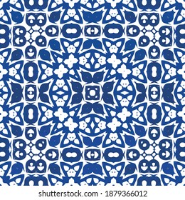 Portuguese vintage azulejo tiles. Vector seamless pattern collage. Geometric design. Blue antique background for pillows, print, wallpaper, web backdrop, towels, surface texture.