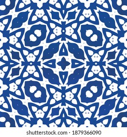 Portuguese vintage azulejo tiles. Vector seamless pattern collage. Geometric design. Blue antique background for pillows, print, wallpaper, web backdrop, towels, surface texture.