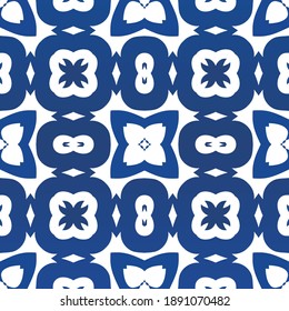 Portuguese vintage azulejo tiles. Vector seamless pattern illustration. Stylish design. Blue antique background for pillows, print, wallpaper, web backdrop, towels, surface texture.