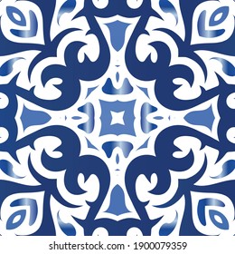 Portuguese vintage azulejo tiles. Vector seamless pattern trellis. Geometric design. Blue antique background for pillows, print, wallpaper, web backdrop, towels, surface texture.