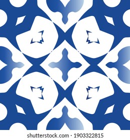 Portuguese vintage azulejo tiles. Vector seamless pattern template. Minimal design. Blue antique background for pillows, print, wallpaper, web backdrop, towels, surface texture.