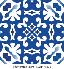 Portuguese vintage azulejo tiles. Vector seamless pattern collage. Minimal design. Blue antique background for pillows, print, wallpaper, web backdrop, towels, surface texture.