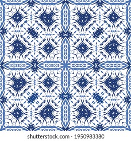 Portuguese vintage azulejo tiles. Vector seamless pattern theme. Hand drawn design. Blue antique background for pillows, print, wallpaper, web backdrop, towels, surface texture.