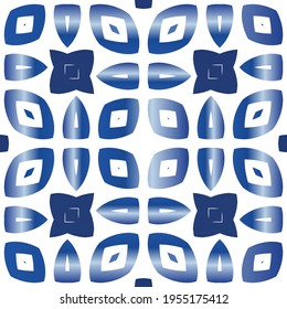 Portuguese vintage azulejo tiles. Vector seamless pattern elements. Colored design. Blue antique background for pillows, print, wallpaper, web backdrop, towels, surface texture.