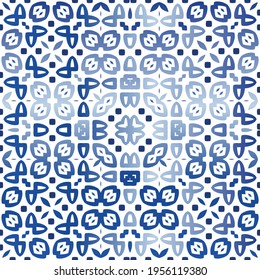 Portuguese vintage azulejo tiles. Vector seamless pattern elements. Colored design. Blue antique background for pillows, print, wallpaper, web backdrop, towels, surface texture.