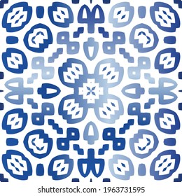 Portuguese vintage azulejo tiles. Vector seamless pattern elements. Colored design. Blue antique background for pillows, print, wallpaper, web backdrop, towels, surface texture.