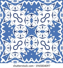 Portuguese vintage azulejo tiles. Vector seamless pattern theme. Hand drawn design. Blue antique background for pillows, print, wallpaper, web backdrop, towels, surface texture.