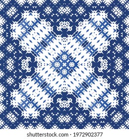 Portuguese vintage azulejo tiles. Vector seamless pattern trellis. Modern design. Blue antique background for pillows, print, wallpaper, web backdrop, towels, surface texture.