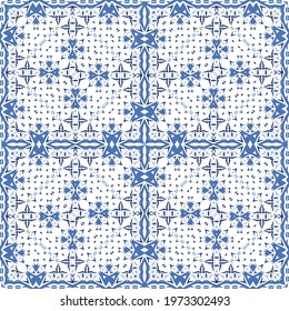 Portuguese vintage azulejo tiles. Vector seamless pattern theme. Hand drawn design. Blue antique background for pillows, print, wallpaper, web backdrop, towels, surface texture.