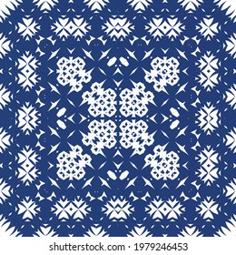 Portuguese vintage azulejo tiles. Vector seamless pattern trellis. Modern design. Blue antique background for pillows, print, wallpaper, web backdrop, towels, surface texture.