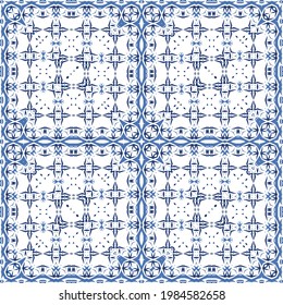 Portuguese vintage azulejo tiles. Vector seamless pattern theme. Hand drawn design. Blue antique background for pillows, print, wallpaper, web backdrop, towels, surface texture.