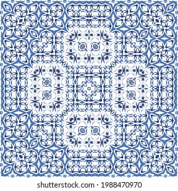 Portuguese vintage azulejo tiles. Vector seamless pattern theme. Hand drawn design. Blue antique background for pillows, print, wallpaper, web backdrop, towels, surface texture.