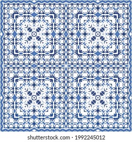 Portuguese vintage azulejo tiles. Vector seamless pattern theme. Hand drawn design. Blue antique background for pillows, print, wallpaper, web backdrop, towels, surface texture.