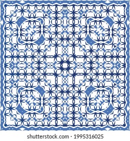 Portuguese vintage azulejo tiles. Vector seamless pattern theme. Hand drawn design. Blue antique background for pillows, print, wallpaper, web backdrop, towels, surface texture.