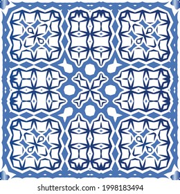 Portuguese vintage azulejo tiles. Vector seamless pattern theme. Hand drawn design. Blue antique background for pillows, print, wallpaper, web backdrop, towels, surface texture.