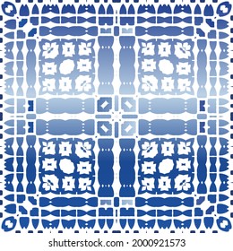Portuguese vintage azulejo tiles. Vector seamless pattern elements. Colored design. Blue antique background for pillows, print, wallpaper, web backdrop, towels, surface texture.