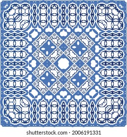 Portuguese vintage azulejo tiles. Vector seamless pattern theme. Hand drawn design. Blue antique background for pillows, print, wallpaper, web backdrop, towels, surface texture.