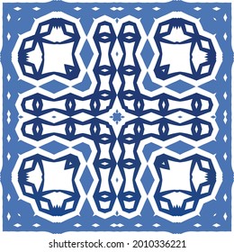Portuguese vintage azulejo tiles. Vector seamless pattern theme. Hand drawn design. Blue antique background for pillows, print, wallpaper, web backdrop, towels, surface texture.