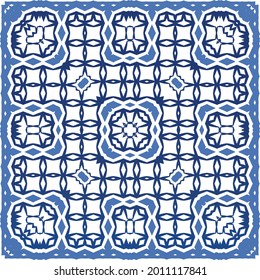 Portuguese vintage azulejo tiles. Vector seamless pattern theme. Hand drawn design. Blue antique background for pillows, print, wallpaper, web backdrop, towels, surface texture.