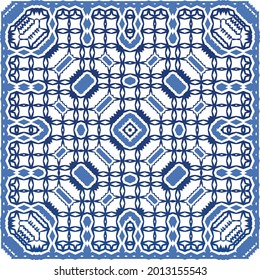 Portuguese vintage azulejo tiles. Vector seamless pattern theme. Hand drawn design. Blue antique background for pillows, print, wallpaper, web backdrop, towels, surface texture.