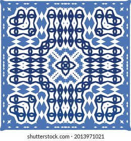 Portuguese vintage azulejo tiles. Vector seamless pattern theme. Hand drawn design. Blue antique background for pillows, print, wallpaper, web backdrop, towels, surface texture.