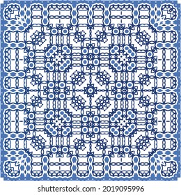 Portuguese vintage azulejo tiles. Vector seamless pattern theme. Hand drawn design. Blue antique background for pillows, print, wallpaper, web backdrop, towels, surface texture.