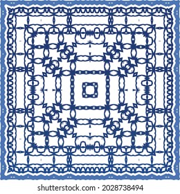 Portuguese vintage azulejo tiles. Vector seamless pattern theme. Hand drawn design. Blue antique background for pillows, print, wallpaper, web backdrop, towels, surface texture.