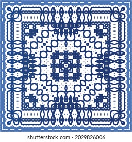 Portuguese vintage azulejo tiles. Vector seamless pattern theme. Hand drawn design. Blue antique background for pillows, print, wallpaper, web backdrop, towels, surface texture.
