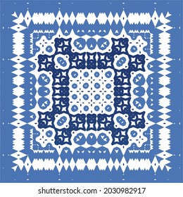 Portuguese vintage azulejo tiles. Vector seamless pattern theme. Hand drawn design. Blue antique background for pillows, print, wallpaper, web backdrop, towels, surface texture.