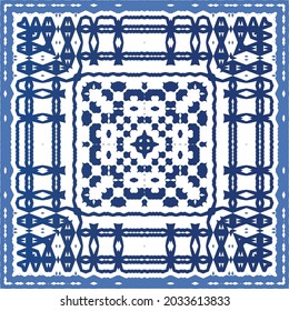 Portuguese vintage azulejo tiles. Vector seamless pattern theme. Hand drawn design. Blue antique background for pillows, print, wallpaper, web backdrop, towels, surface texture.