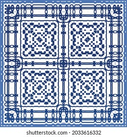 Portuguese vintage azulejo tiles. Vector seamless pattern theme. Hand drawn design. Blue antique background for pillows, print, wallpaper, web backdrop, towels, surface texture.