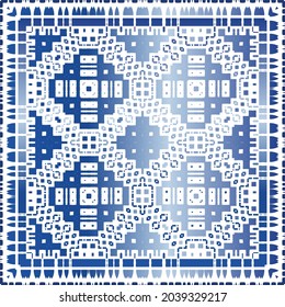 Portuguese vintage azulejo tiles. Vector seamless pattern elements. Colored design. Blue antique background for pillows, print, wallpaper, web backdrop, towels, surface texture.