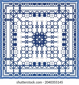 Portuguese vintage azulejo tiles. Vector seamless pattern theme. Hand drawn design. Blue antique background for pillows, print, wallpaper, web backdrop, towels, surface texture.