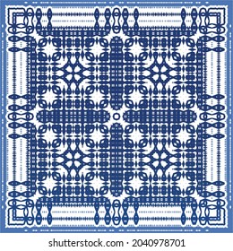 Portuguese vintage azulejo tiles. Vector seamless pattern theme. Hand drawn design. Blue antique background for pillows, print, wallpaper, web backdrop, towels, surface texture.