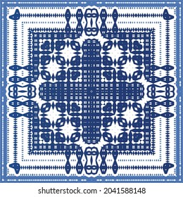 Portuguese vintage azulejo tiles. Vector seamless pattern theme. Hand drawn design. Blue antique background for pillows, print, wallpaper, web backdrop, towels, surface texture.