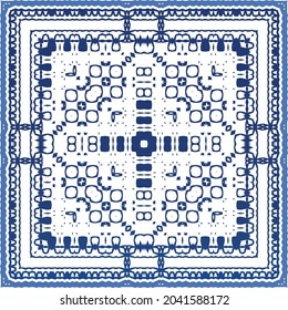 Portuguese vintage azulejo tiles. Vector seamless pattern theme. Hand drawn design. Blue antique background for pillows, print, wallpaper, web backdrop, towels, surface texture.